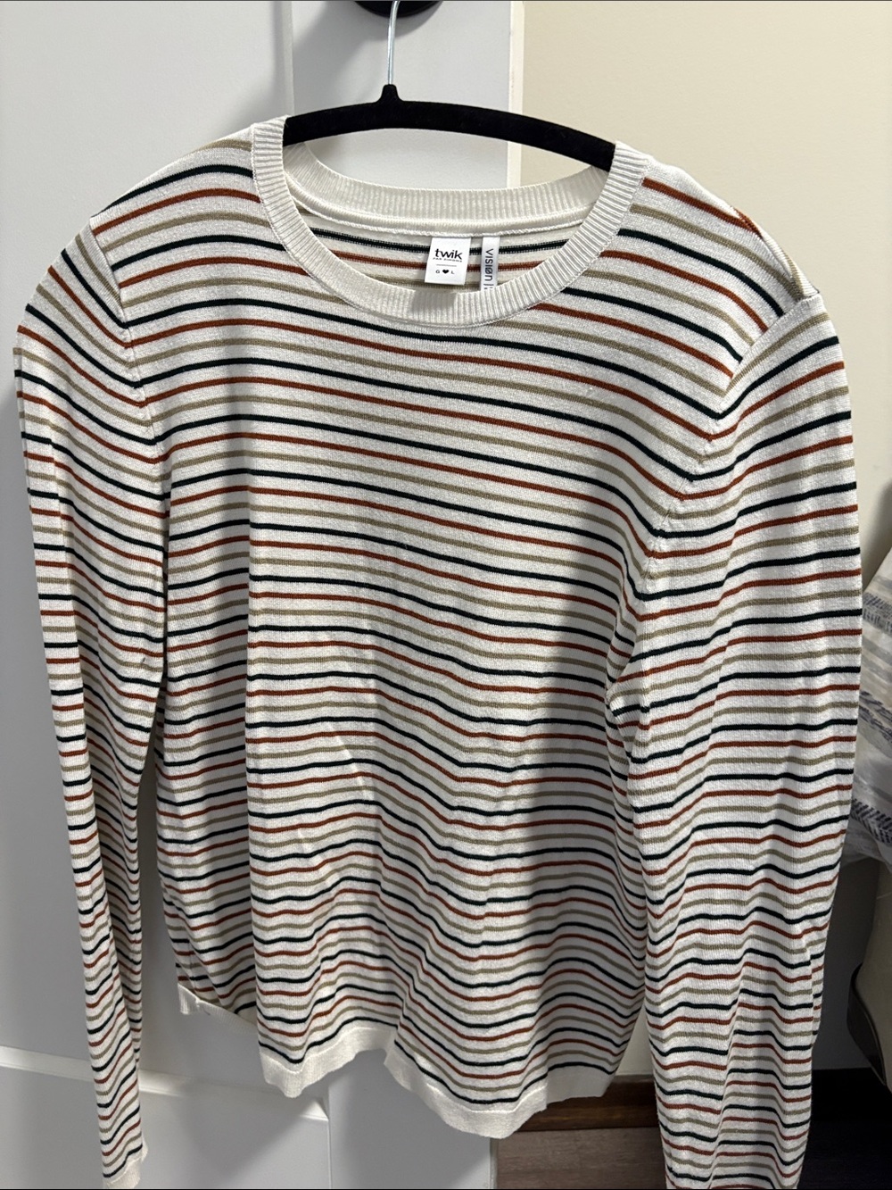 twik Women’s Cream Striped Crewneck Sweater with Rust, Black & Green Lines